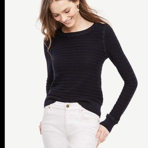 Ann Taylor Navy Silk Blend Sweater - Textured with Scalloped neckline and Cuffs